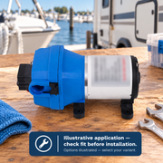 Illustrative marina workbench scene with a water pump; not an installed plumbing photograph.