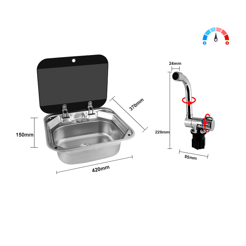 RV Square Sink with Tempered Glass Lid & Folding Faucet