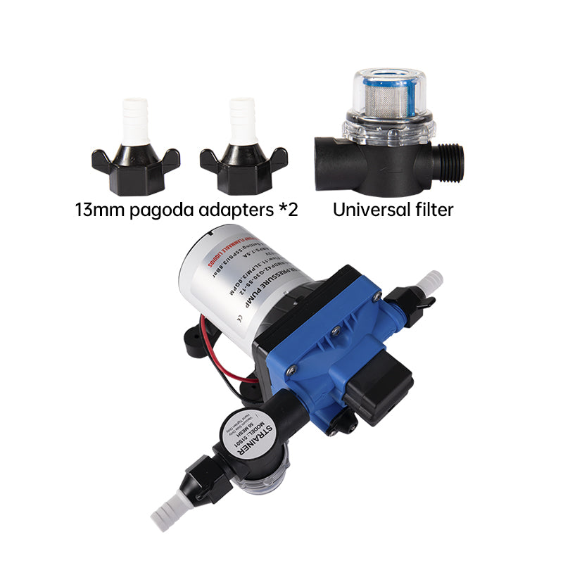 DC Diaphragm Water Pump – 12V/24V Self-Priming, Bypass Return, Dry-Run Safe
