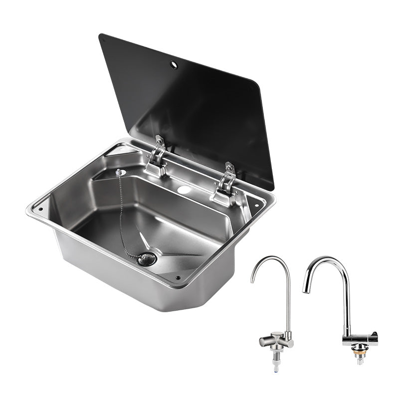 RV Outdoor Stainless Steel Sink with Tempered Glass Lid & Dual Faucet Holes