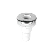 Two metal-capped through-hull drain fittings with white hose-barb bodies.