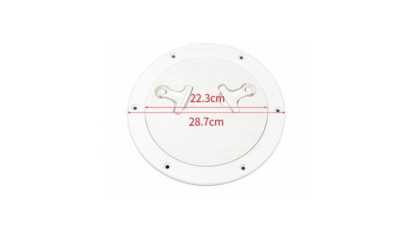 Original round inspection hatch photograph showing 28.7 cm outer diameter and 22.3 cm inner reference; not a cutout template.