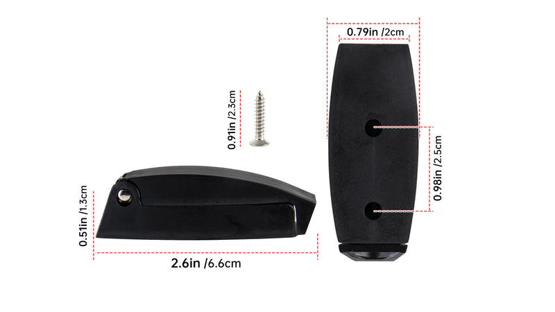 Original black catch drawing with 66 mm length, 13 mm closed profile, 20 mm width and 25 mm hole centres.