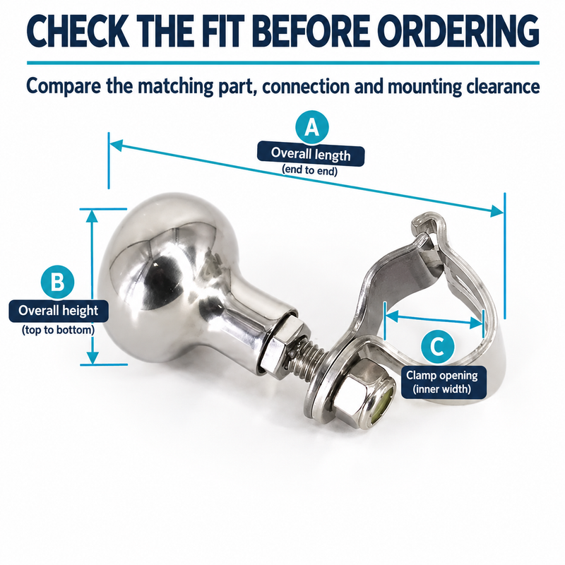 304 Stainless Steel Boat Steering Wheel Spinner Knob - Clamp-On Grip Options — size or installation fit guide