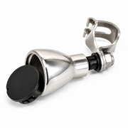Style B steering-wheel spinner knob with tapered metal body, black cap and rim-clamp bracket