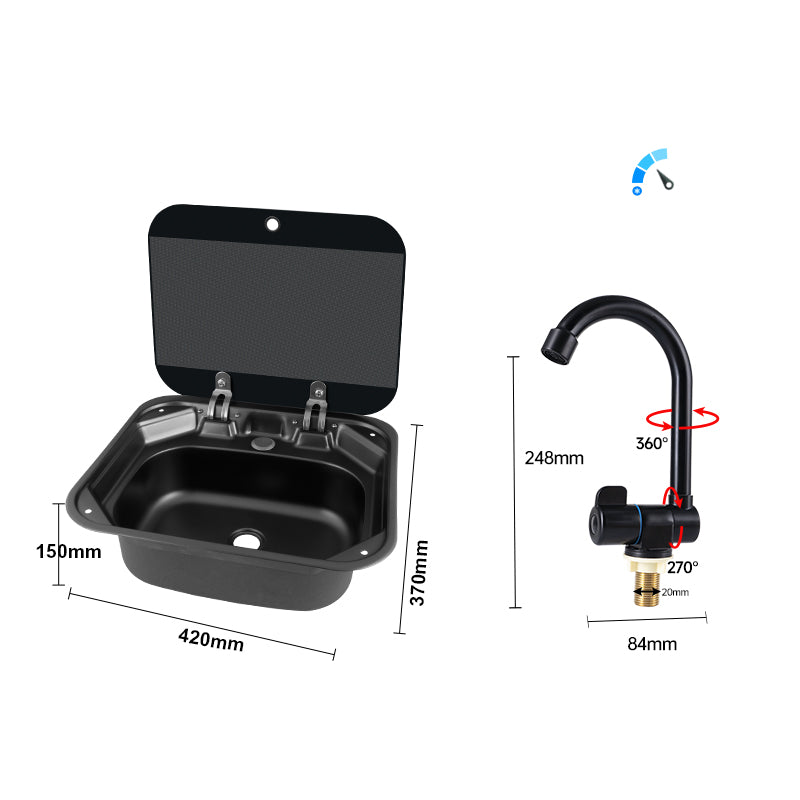 RV Square Sink with Tempered Glass Lid & Folding Faucet