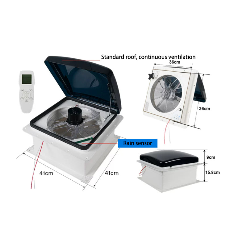 360mm Cutout RV Roof Vent Fan | 10-Blade, Remote Control, Rain Sensor 12V