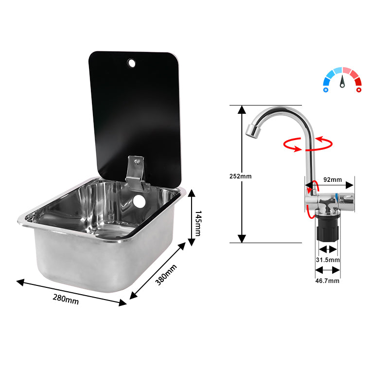 RV Camper Stainless Steel Sink with Lid and Folding Faucet