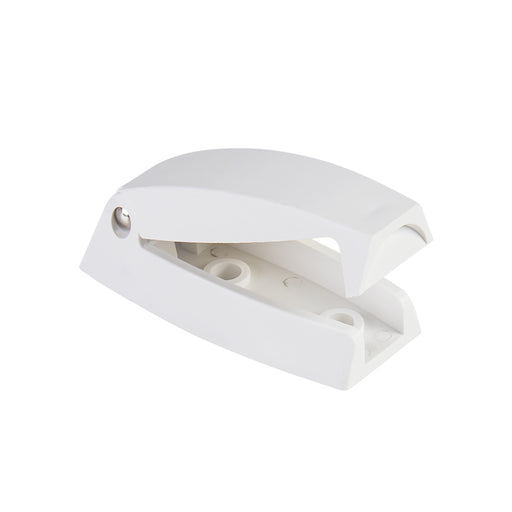 White spring-loaded baggage door catch with two recessed mounting positions.