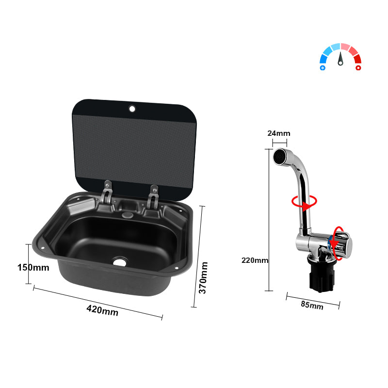 RV Square Sink with Tempered Glass Lid & Folding Faucet