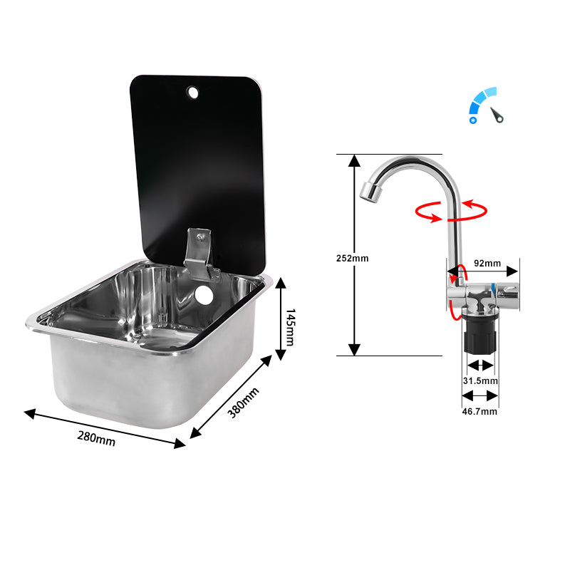 RV Camper Stainless Steel Sink with Lid and Folding Faucet