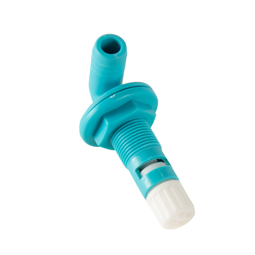 Original blue livewell flow-control fitting with elbow hose tail and rotary cap
