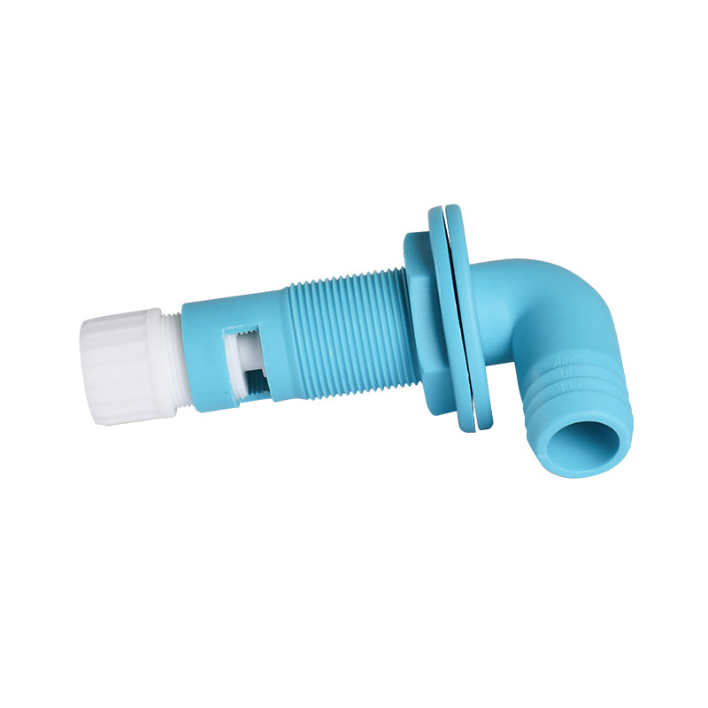 Original side view of the blue elbow fitting and threaded mounting body