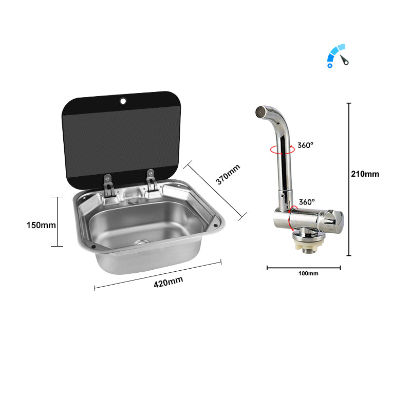 RV Square Sink with Tempered Glass Lid & Folding Faucet
