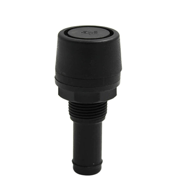 Round-cap black threaded vent fitting with straight hose-tail body