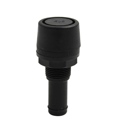 Round-cap black threaded vent fitting with straight hose-tail body