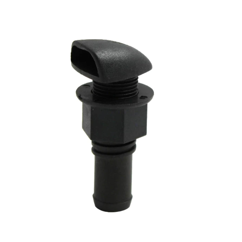 Black angled-hood vent fitting with threaded mount and retaining nut