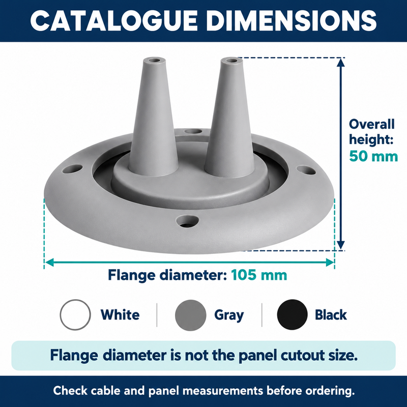 S04 catalogue dimensions for White Gray Black - 105 mm outside flange and 50 mm overall height; not cutout dimensions