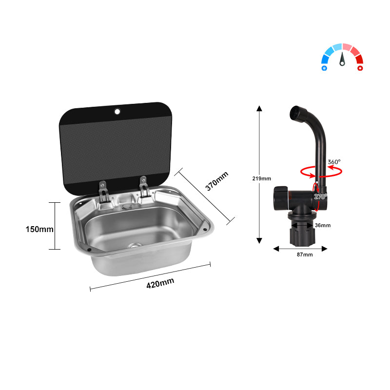 RV Square Sink with Tempered Glass Lid & Folding Faucet