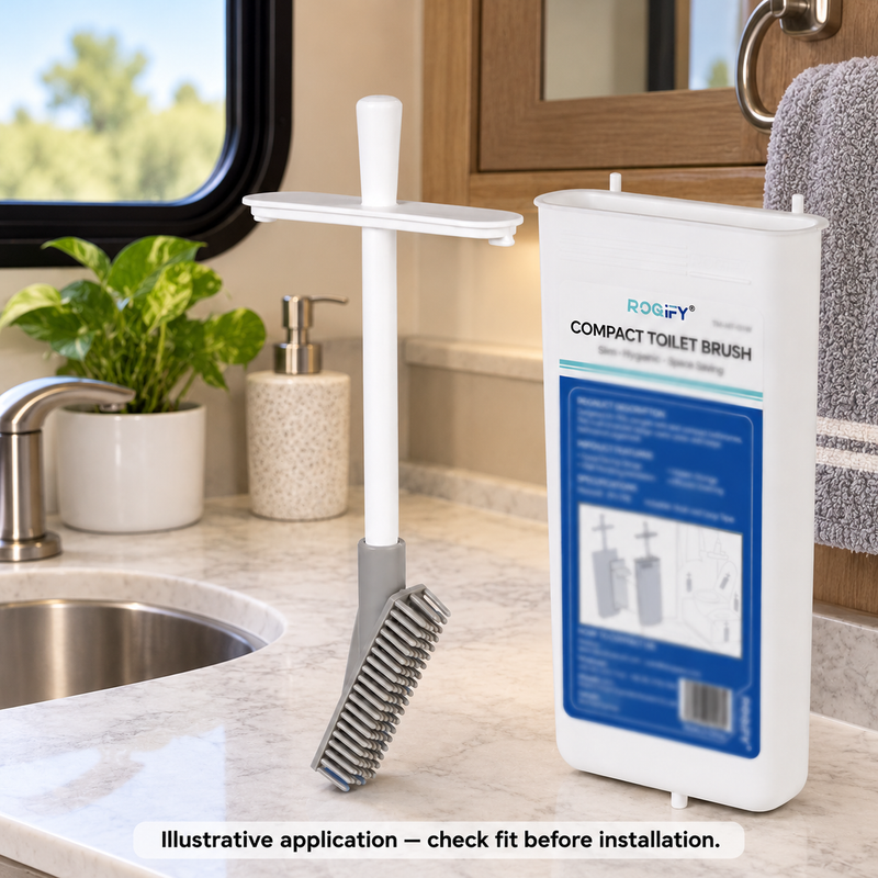 Compact RV Toilet Brush with Wall-Mount Holder - Camper Bathroom Storage — illustrative use context