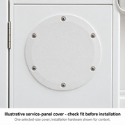 Illustrative service-panel use of one selected-size fixed cover; hardware shown for context