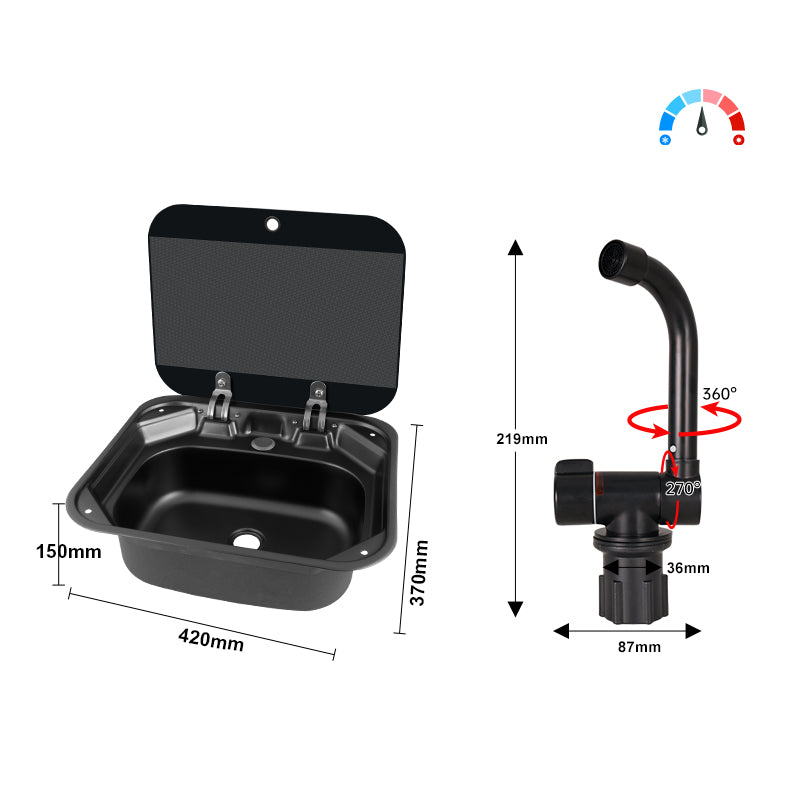 RV Square Sink with Tempered Glass Lid & Folding Faucet