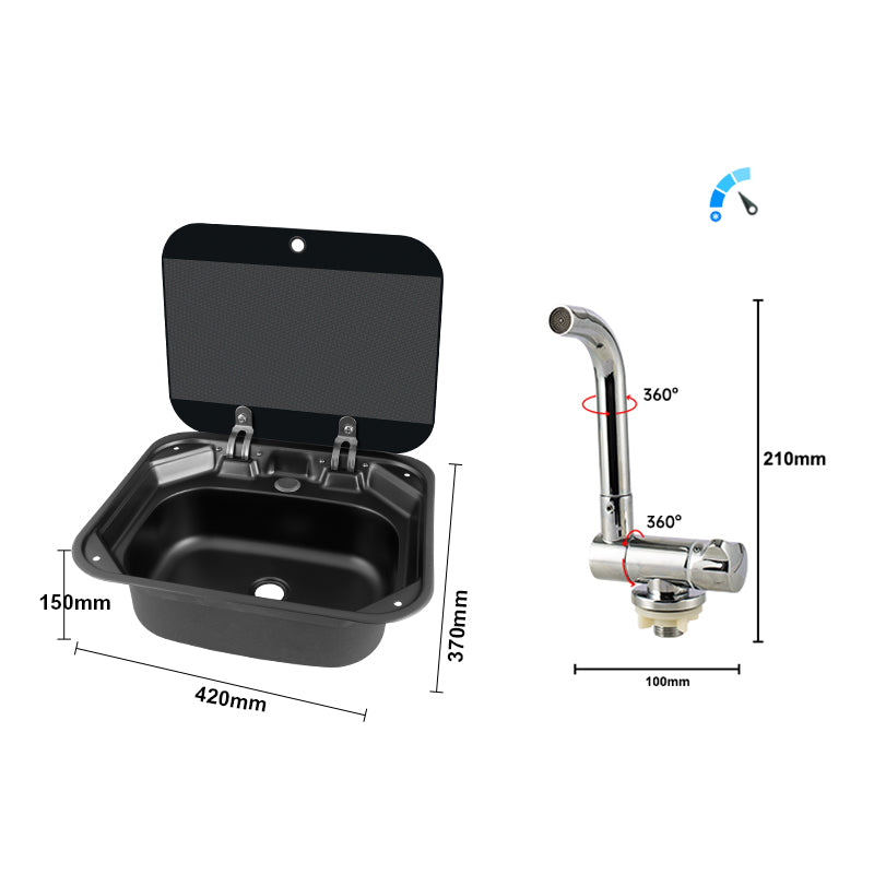 RV Square Sink with Tempered Glass Lid & Folding Faucet