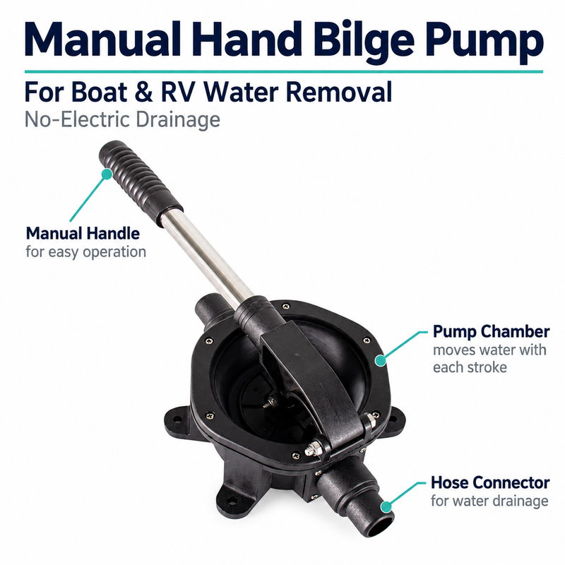 Manual pump feature graphic identifying the lever handle, pump chamber and hose connection.