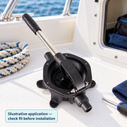 Illustrative boat workbench context with a loose hand pump; not an installed drainage photograph.