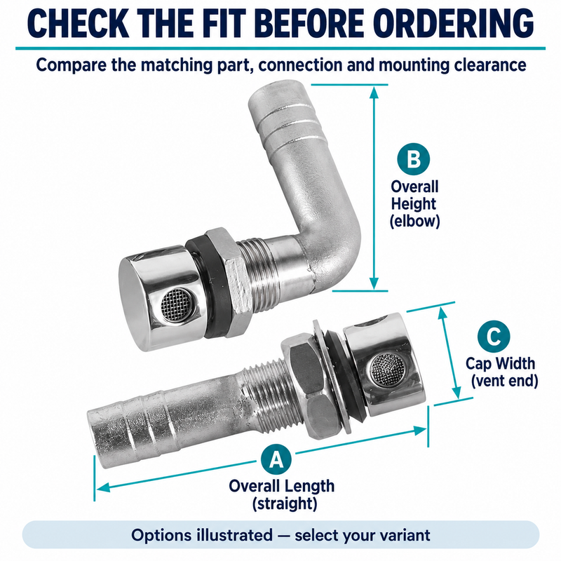 Marine Fuel Tank Vent for Boats - Chrome Aluminum Straight & Elbow Options — size or installation fit guide