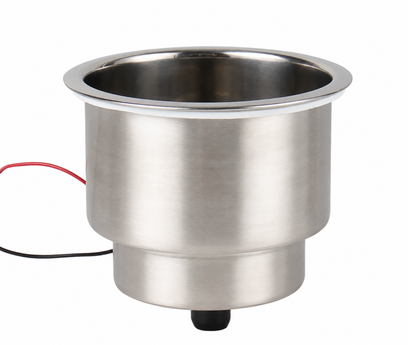 Unlit stainless steel LED cup holder with external wires; LED colour and electrical rating are not specified by this photograph