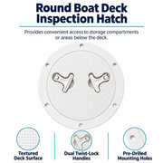 Inspection hatch feature graphic showing the textured cover, twin handles and fixing positions.
