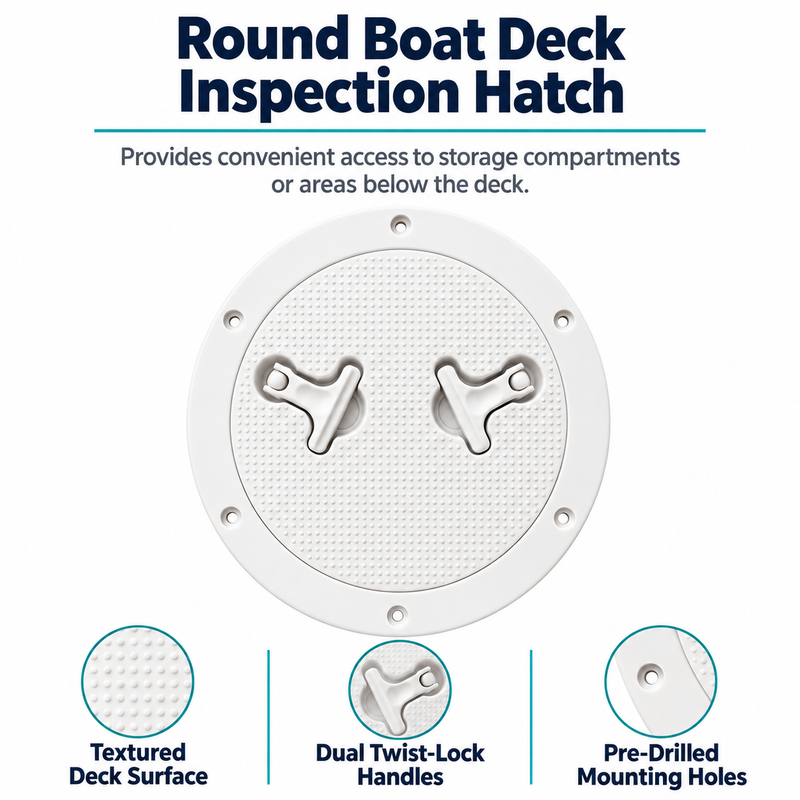 Inspection hatch feature graphic showing the textured cover, twin handles and fixing positions.