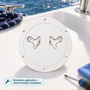 Illustrative boat workbench context with a loose inspection hatch; not an installed hatch photograph.