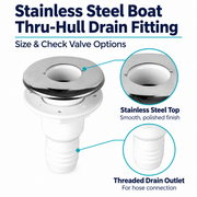 Stainless Steel Boat Thru-Hull Drain Fitting - Size & Check Valve Options — visible product details