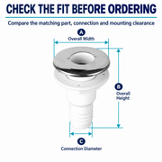 Stainless Steel Boat Thru-Hull Drain Fitting - Size & Check Valve Options — size or installation fit guide