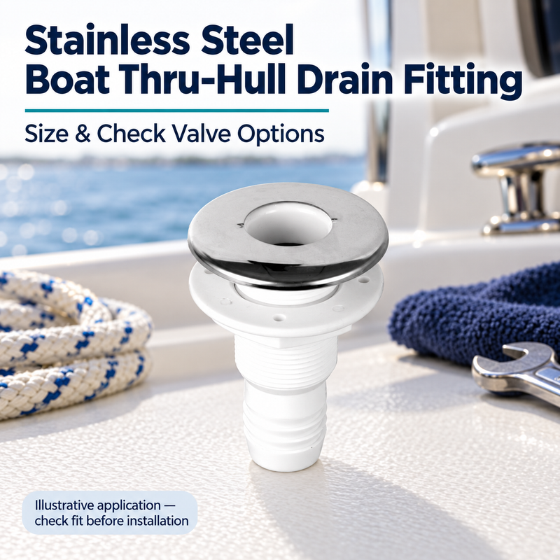 Stainless Steel Boat Thru-Hull Drain Fitting - Size & Check Valve Options — illustrative use context