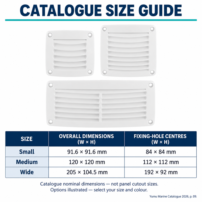 Boat Louvered Vent Grilles - Small, Medium & Wide Options — catalogue dimensions and fixing-hole centres
