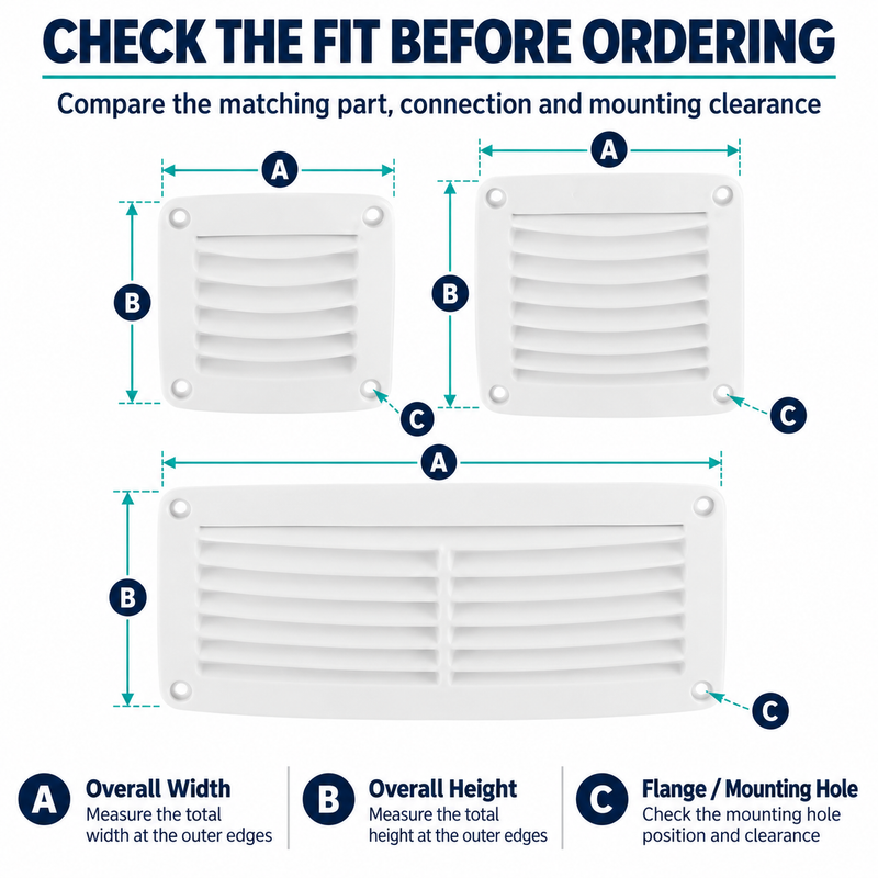 ABS Boat Louvered Vent Grille - 45 Degree Blades, Marine Cabin Airflow Options — size or installation fit guide