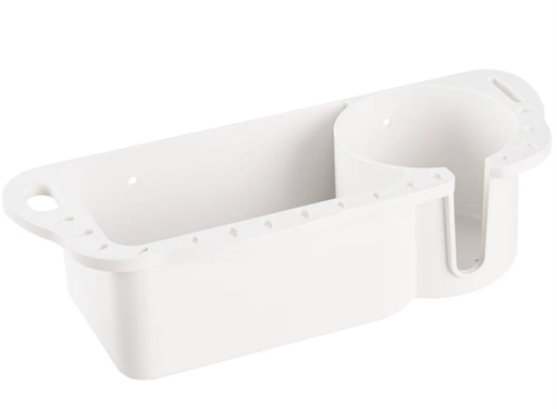 White ABS storage rack with a divided storage tray, round cup recess and small rim holes