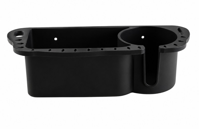 Black ABS storage rack with a divided storage tray, round cup recess and small rim holes