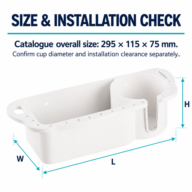Marine Wall Storage Rack with Cup Holder - White or Black ABS | size or installation fit guide