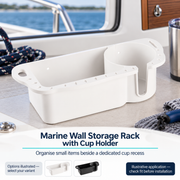 Marine Wall Storage Rack with Cup Holder - White or Black ABS | illustrative use context