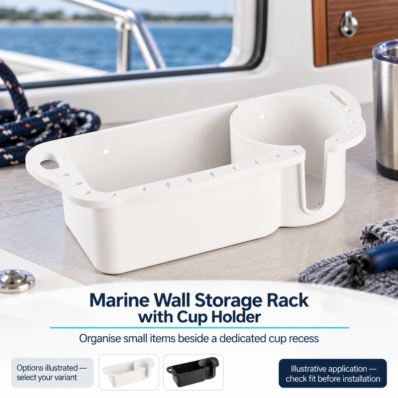 Marine Wall Storage Rack with Cup Holder - White or Black ABS | illustrative use context