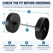 RV Cassette Toilet Waste Tank Wheel & Axle Replacement Set - Ref. 200640142 — size or installation fit guide