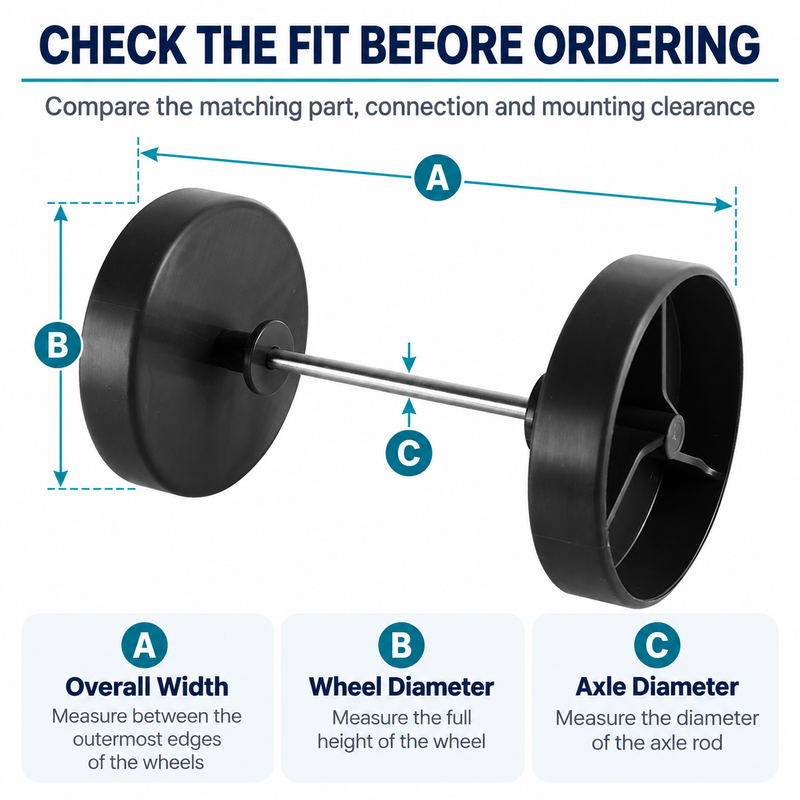 RV Cassette Toilet Waste Tank Wheel & Axle Replacement Set - Ref. 200640142 — size or installation fit guide