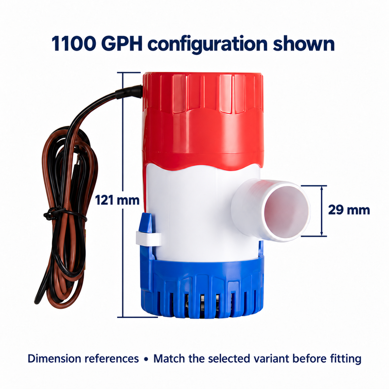 1100 GPH configuration reference: edited original pump photograph with 121 mm body-height and 29 mm outlet annotations. Confirm the selected variant before fitting.