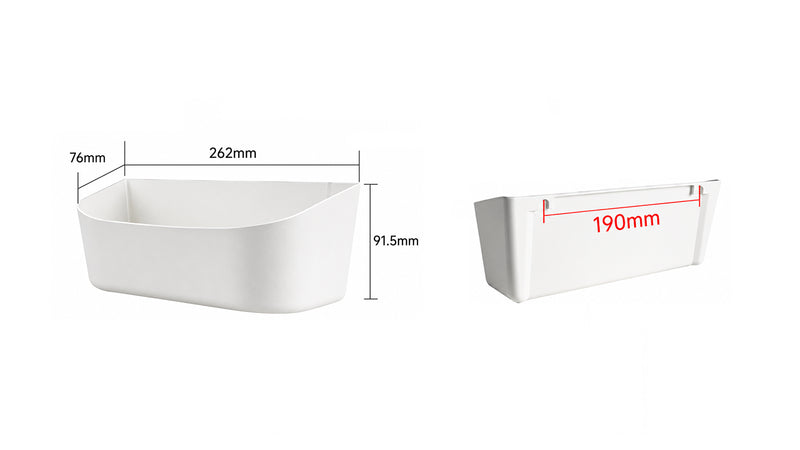 Supplier dimension image showing 262 mm width, 76 mm projection, 91.5 mm height and a 190 mm rear reference; verify the actual slot pattern.