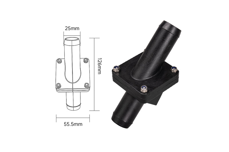 Original inline valve drawing showing a 25 mm connection reference, 126 mm length and 55.5 mm width.
