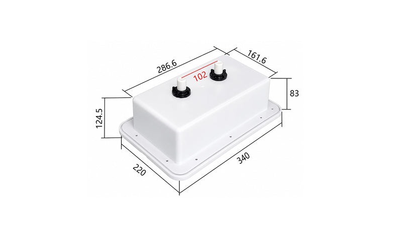 Original rear shower-box diagram showing 340 by 220 mm flange and 102 mm inlet-position spacing.